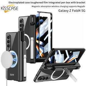 【with Screen Film】KISSCASE Pen Box Magnetic Hinge Slide Lens Camera Protectot Case For Samsung Galaxy Z Fold 4 5G Case Wireless Charger Side Slot Holder Shockproof Cover With Tempered Film Screen Protector Case