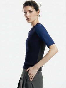 AMII | Leisure Round Collar Color Block Medium Sleeve Knitwear Slimming