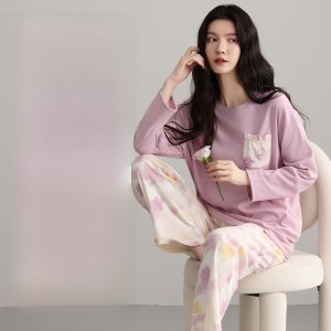 Miiow | Womens Long Sleeve Sleepwear Set Comfortable Breathable Home Clothes Loose Fit Large Size With Chest Pad Anti-Bulge Soft Touch