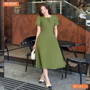 Đầm thiết kế BEMINE cổ tròn nơ cách điệu tay phồng dáng chữ A phù hợp đi làm đi chơi-MT10171