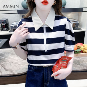 AMMIN เสื้อโปโลมีซิปสำหรับผู้หญิงเสื้อเบลาส์แขนสั้นพิมพ์ลายทางสไตล์ฉบับภาษาเกาหลีเสื้อยืดผ้าฝ้ายลำลองเย็บปะต่อสีสะดวกสบายหรูหราฤดูร้อน