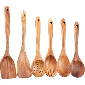 KEMORELA Wooden Kitchen Utensils 6PCS Wooden Spoon Set Cooking Spatula Ladle Slotted Spoon Kitchen Cooking Tools for Home Chef