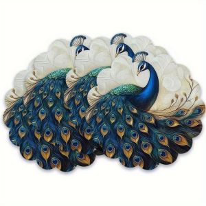 VIKAMA 4PC Peacock Opening Screen Art Meal Mat Blue Green Gold Feather Crown Tail Feather Dining Table Decoration