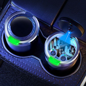1 car ashtray set interior use one click lid opening large capacity equipped with LED lights and metal lining.