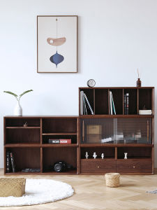 Nordic and Japanese Style Log Module Combined Bookcase Simple and Light Luxury Floor Home Display with Glass Door Storage Cabinet