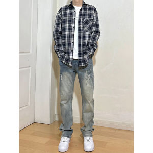 Dark Gray Gingham Shirt Mens Long Sleeves Spring & Fall American Retro Trendy Checked Shirt Cleanfit Early Spring Outwear