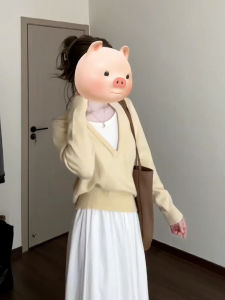 Early Autumn Goose Yellow Fake Two-Piece V-neck Knitting Sweater Female Fall and Winter Winter Inner Wear Shoulder Pullover Petite Top