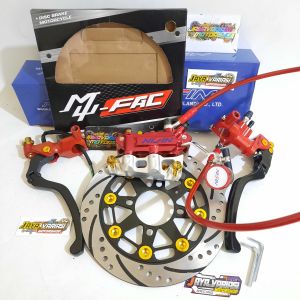 Paketan Hemat Handle Master Rem Red Series 1Set+ Piringan Cakram 220mm+ Kaliper Monoblok 4Piston 4P+ Breket 4P 220mm+ Baut Probolt Gold Honda + Selang Rem Carbon Depan 95cm Pnp Matic Honda Vario 110 125 150 Old/ Vario 160 Cbs/ Beat/ Genio/ Scoopy/ Spacy