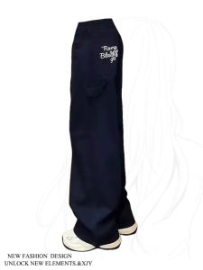 Navy Blue Drawstring Embroidered High Waist Casual Pants Women Spring Autumn New American High Street Straight Leg Workwear Wide Leg Long Trousers