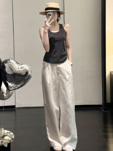 High Waist Cotton Linen Casual Pants Women Summer New Fashion Elegant Floor Length Straight Leg Wide Leg Long Pants
