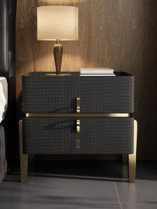 Juno High-End Woven Leather Bedside Table Modern Simplicity Rock Plate Full Solid Wood Italian Style Bedroom Storage Side Cabinet