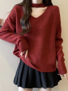 เสื้อสเวตเตอร์ถักคอวีคอกว้างทรงหลวมแขนยาวสำหรับผู้หญิงไซส์ใหญ่ เสื้อสเวตเตอร์ถักลายปีเกิดสีแดง แฟชั่นฤดูใบไม้ผลิและฤดูใบไม้ร่วง