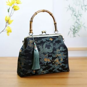 Handcrafted New Chinese Style Bamboo Node Handbag Elegant Ladies Satchel for Cheongsam Crossbody Purse Soft Polyester Material