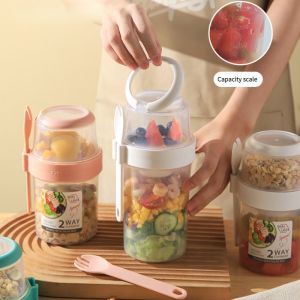 2 IN 1 Salad Cup Salad Bowl with Lids and Fork Two-layers Breakfast Cups Vegetable Cup Sealed Fresh-keeping Box