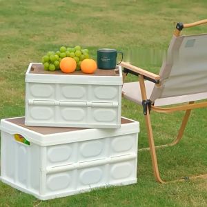 SOFTHOME Storage Box with Wooden Lid 55L Large Outdoor Table Box Plastic Foldable Storage Organizer