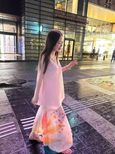 South Korea Dongdaemun Summer New Arrival Sanzhai Pleated Vacation Style Stylish Print Long Skirt Womens Organ Pleated Skirt Fashion