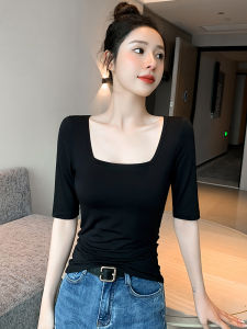 Ice ผ้าไหม Modal Short Sleeve Square ปกเสื้อ ผู้หญิง เสื้อท่อนบน สลิมฟิต Low ปกเสื้อ Thin ฤดูร้อน สีดำ T-shirt Commute Style Classic Pattern