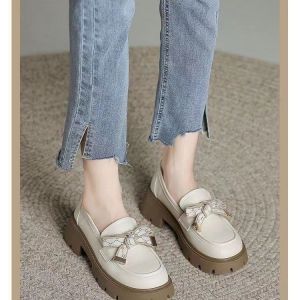 2023 Spring Autumn Platform Thick Bottom Flats Womens Shoes Butterfly Knot Fairy Style Small Leather Shoes High Waist Slimming