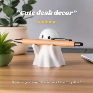 Cute Halloween Ghost Pen Holder Little Ghost Statue Design Pencil Support for Home Office Desktop Decoration