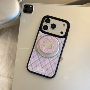 Korean Purple Plaid With Mirror Stars Magnetic Bracket Phone Case for iPhone 17 Air 16 15 13 14 12 Pro Max Shockproof Hard Cover