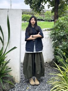 Military Green Patchwork Loose Womens Skirt Spring A-Line Midi Flower Bud Lantern Style High Waist Commute Simple Color Solid