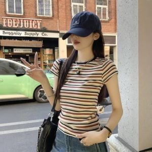 DUOFEIYAN | Color Block Stripe Round Neck Short Sleeve T-Shirt Summer Women Slim Fit