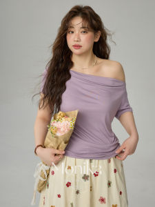 MONIKADM | Áo Thun Cổ Không Đối Xứng Phong Cách Pháp Dành Cho Phụ Nữ Plus Size