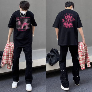 American High Street Style Heavyweight Pure Cotton Short Sleeve Mens T-Shirt Summer Loose Retro Letter Print Hip Hop Top