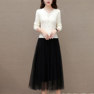 MAIMEI | Autumn Winter Knitted Woolen Dress Midi Skirt Base Layer Sweater Chinese Style Mesh Splicing Mid-Length One-Piece Dress