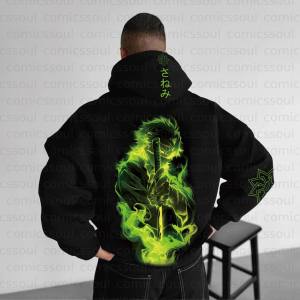 Demon Slayer Kimetsu No Yaiba Tanjiro Kamado Black Hoodie Set Green Flame Pattern Cosplay Outfit with Sleeve Star Design