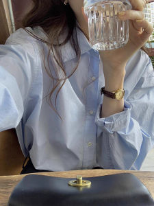 Light Blue Casual Loose Womens Shirt Korean Style Commute Fashion Button Long Sleeve Cotton Polo Neck Pure Color Shirt