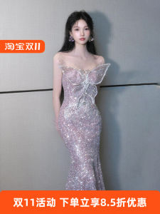 ชุดราตรีสีชมพูหรูหรา กระโปรงทรงหางปลา ประดับเลื่อม ชุดงานแต่งงาน ชุดเสื้อผ้าสำหรับเจ้าสาว ชุดราตรี ชุดงานเลี้ยง ชุดทำงาน ชุดแฟชั่น