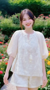 DX_ Set tiểu thư du lịch hè set đồ nữ thiết kế chất Thô Ren thêu 2 lớp áo tay ngắn thắt nơ mix quần short dễ thương