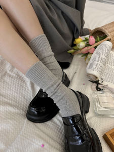 Deep Grey Knitted Socks Womens Basic Style Winter Warm Thickened Mid-Calf Pure Color Matching Casual Korean Version