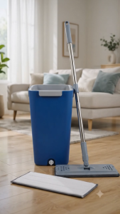 HANDS FREE FLAT MOP & BUCKET SET REUSABLE MOP PAD 360° SWIVEL HEAD & SPACE-SAVING DESIGN