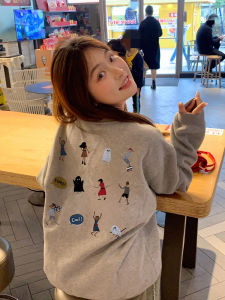 เสื้อสเวตเตอร์คอกลมแขนยาวผ้าฝ้ายแท้สไตล์ย้อนยุคสีเทาสำหรับผู้หญิงในฤดูใบไม้ผลิและฤดูใบไม้ร่วง เสื้อคลุมกันหนาวแบบบาง ทรงหลวม ดีไซน์เก๋ไก๋ เสื้อผ้าทำงานสไตล์เกาหลี