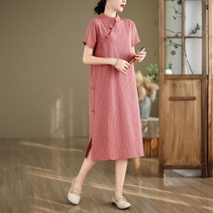 Retro Style Chinese Cheongsam Dress Womens Summer Loose Cotton Linen Plaid One Piece Dress High Slit Daily Wear Short Sleeve