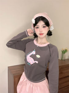 Early ฤดูใบไม้ร่วง ชิค เสื้อยืดคอกลมแขนยาว Flocking ผู้หญิง หวาน สไตล์บล็อกสีคอกลมชั้นฐานมาใหม่