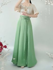Original Hanfu Green Lotus Womens Tang Baozi round Neck Shirt Waist-Length Eight-Split Skirt Daily Wear Traditional Chinese Costume