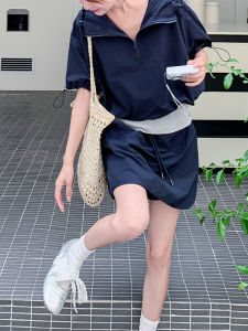 Shalldoer | ชุดเดรสแขนสั้นทรงหลวมสไตล์ทำงานสำหรับผู้หญิง ชุดสองชิ้นพร้อมเชือกผูกหัวและหมวก ชุดฤดูร้อนสไตล์เกาหลี ชุดทำงานลำลอง