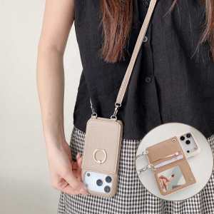 Strap for WomenCrossbody Lanyard Make Up Mirror Cosmetic Ring StandSnap ClaspCute Phone Wallet Card Slots HolderCases For iPhone 17 Pro Max 16 Pro 15 Plus 14 13 12 Pro iphone 11 Case Lanyard Strap Wristle Case iphone Case