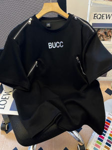 Mens Short Sleeve T-Shirt Shoulder Pads Multi-Zipper Design Summer High Street Cleanfit Fashionable Top Breathable Cotton Youth Pop