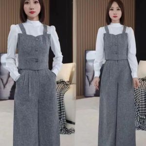 Grey Splice Long Sleeve Womens High Waist Wide Leg Pants Suit Early Autumn Fashion Set Buttoning Polo Collar Two-Piece Set