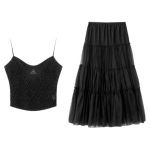 ชุดกระโปรงสั้นผ้าตาข่ายลูกไม้ XXNING สำหรับผู้หญิง ฤดูใบไม้ร่วง 2025 ชุดสองชิ้นหรูหรา เดรสยาวปานกลาง แขนกุด คอวี แขนยาว