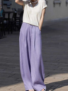 PAIBOLI | High Waist Elastic Waist Purple Linen Pants Womens Korean Style Summer New Loose Straight Leg Trousers Comfortable Long Pants