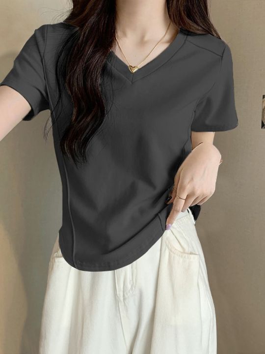 Slim Fit Short Sleeve V Neck T Shirt Women's Summer Fashion Korean ...