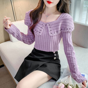 YIMEI เสื้อเสื้อกันหนาวถักลายทางหลุมเข้ารูปพอดีฤดูใบไม้ร่วงและฤดูหนาวใหม่ที่ไหปลาร้าโชว์และคอสี่เหลี่ยมผ้าระบายขอบสีม่วงสุดหรู2024