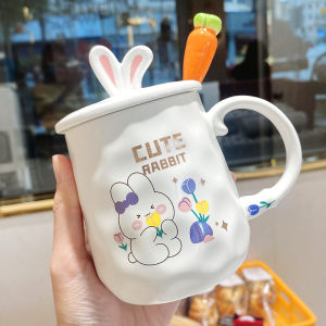Cute Ceramic Mug with Lid And Spoon for Children Office Ladies High Aesthetic Breakfast Cup Korean Style Cartoon Design Water Cup