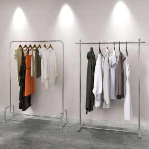 Modern Simplicity Stainless Steel Clothing Display Rack Free Standing Silver Frosted Childrens Wear Shop Womens Wear Shop Rack with Wheel