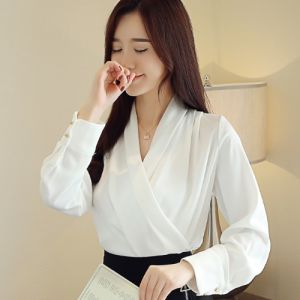 Silk Satin V-Neck Long Sleeve Womens Shirt Autumn Fashionable Red Chiffon Top Korean Style Commute Pure Color Slim Fit